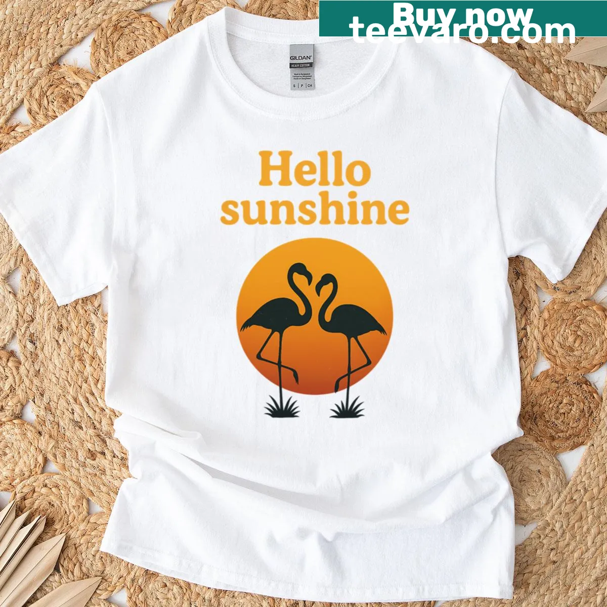 Retro flamingos sunset tropical graphic on T-shirt — on a men's t-shirt