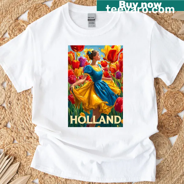 Travel poster inspired T-shirt featuring a woman in a flowered landscape