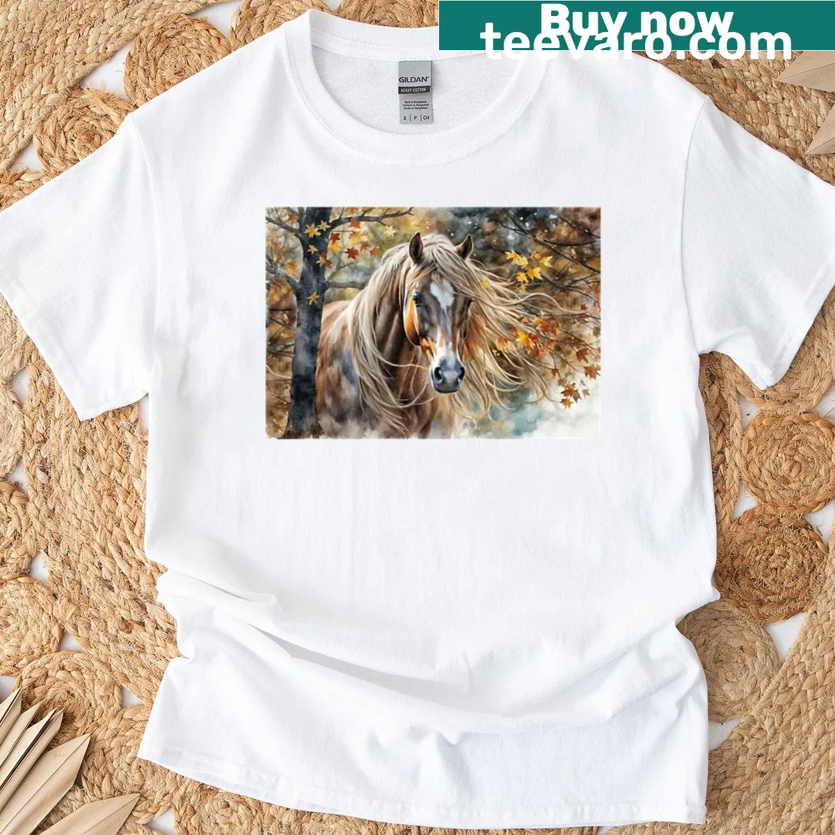 Illustration of a horse in autumn foliage on t-shirt — on a men's t-shirt