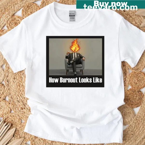 Illustration of a fiery head representing burnout on T-shirt
