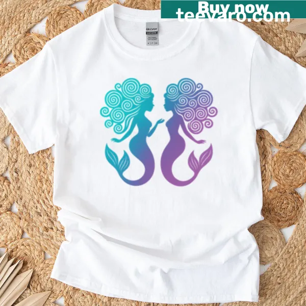 Psychedelic mermaids graphic on T-shirt
