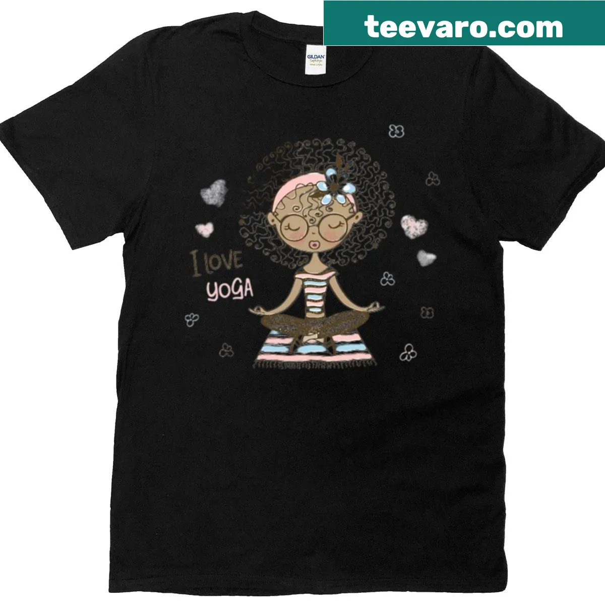 Cute yoga-themed T-shirt featuring a girl in meditation pose — on a men's t-shirt