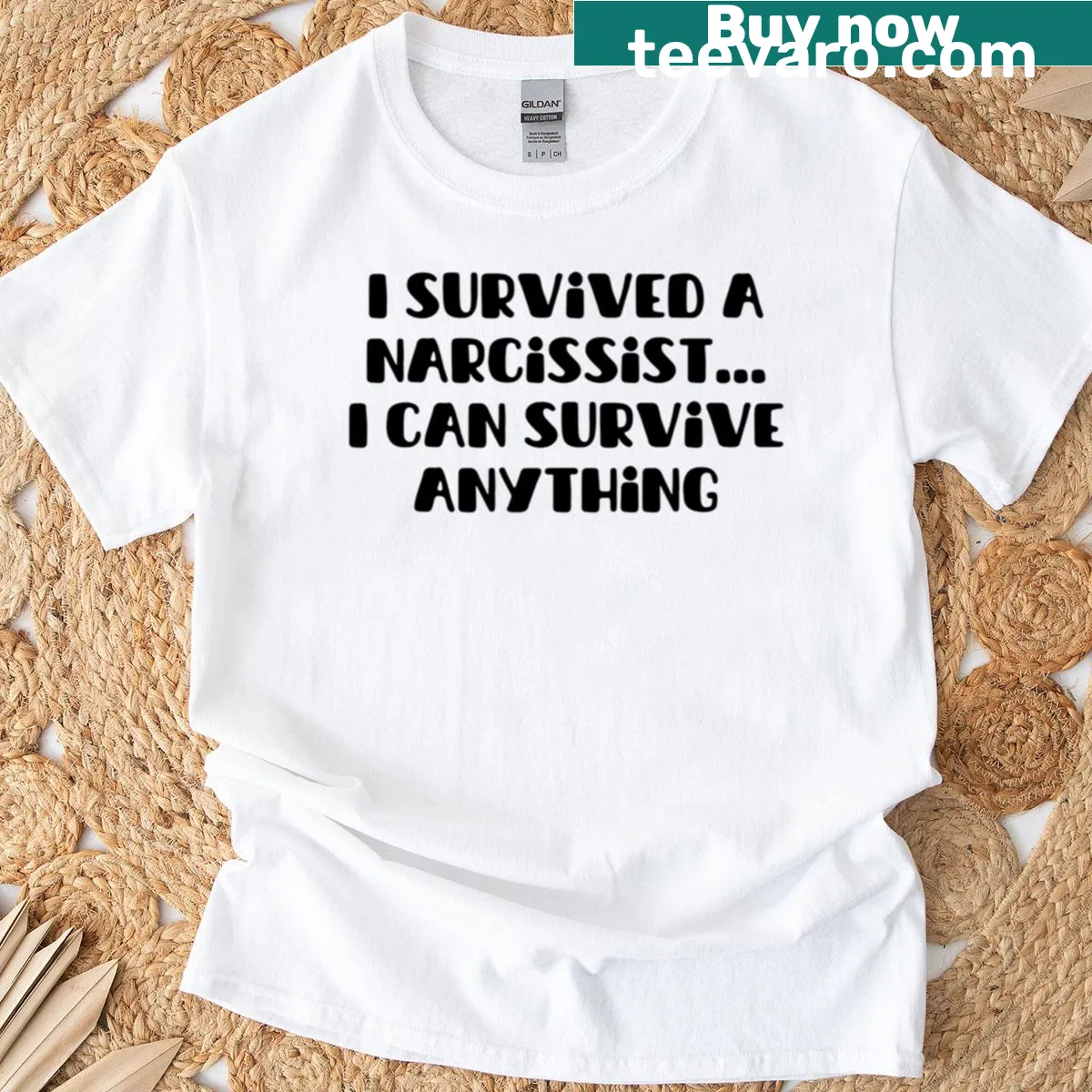Text graphic T-shirt about surviving a narcissist — on a men's t-shirt