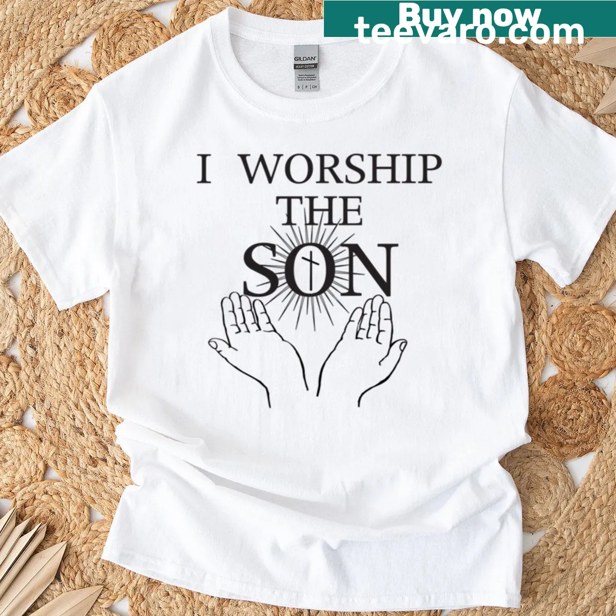 Typography t-shirt with the text: I Worship The Son — on a men's t-shirt