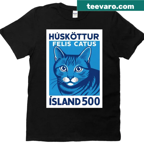 Iceland Domestic Cat T-shirt featuring a postage stamp cat illustration