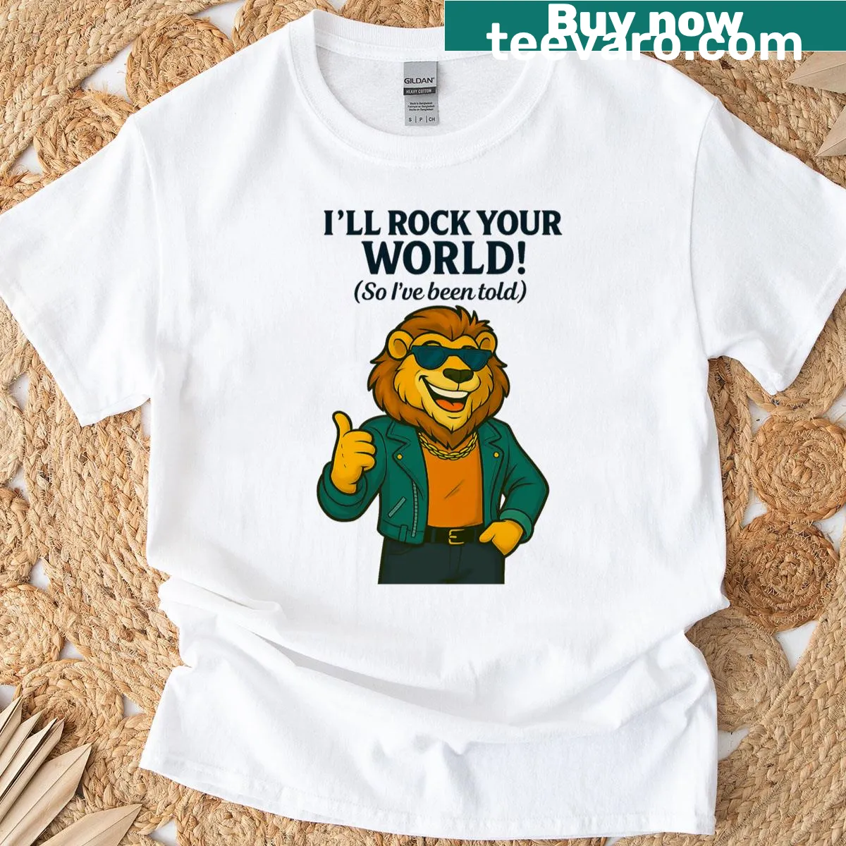 Illustrated T-shirt with a confident lion and bold text — on a men's t-shirt