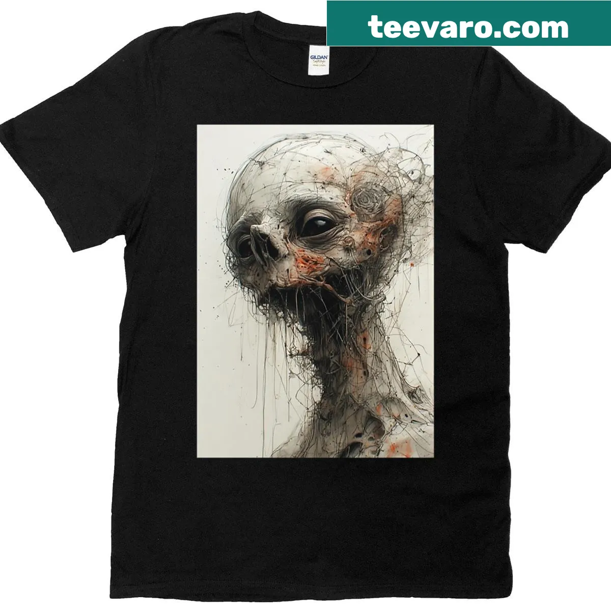 Intricate graphic of a skeletal form amidst chaotic ink lines — on a men's t-shirt