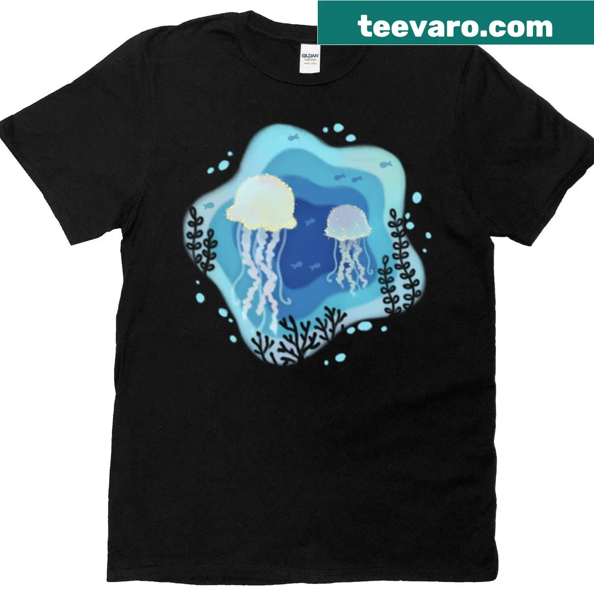 Artistic illustration of jellyfish in a paper art style on a t-shirt. — on a men's t-shirt