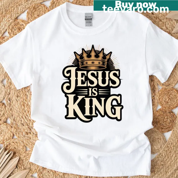 Illustration of Jesus with a gold crown on a T-shirt