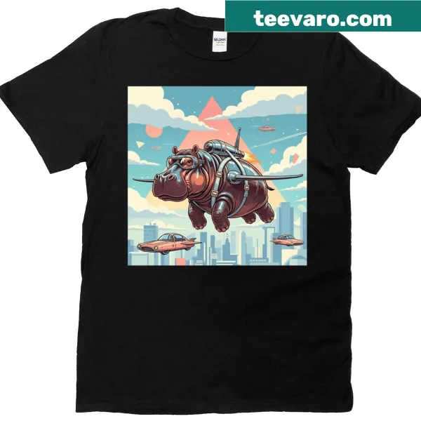Playful design of a hippo in a jetpack on a t-shirt