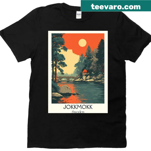 Vintage travel poster T-shirt of Jokkmokk, Sweden with a lake scene.