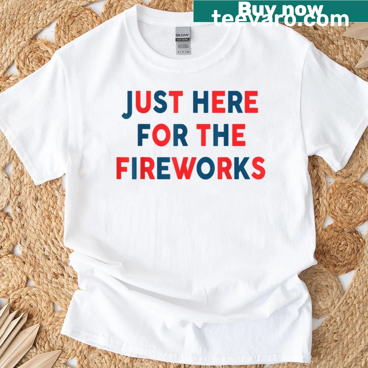 Funny couple t-shirt with fireworks theme for Fourth of July — on a men's t-shirt