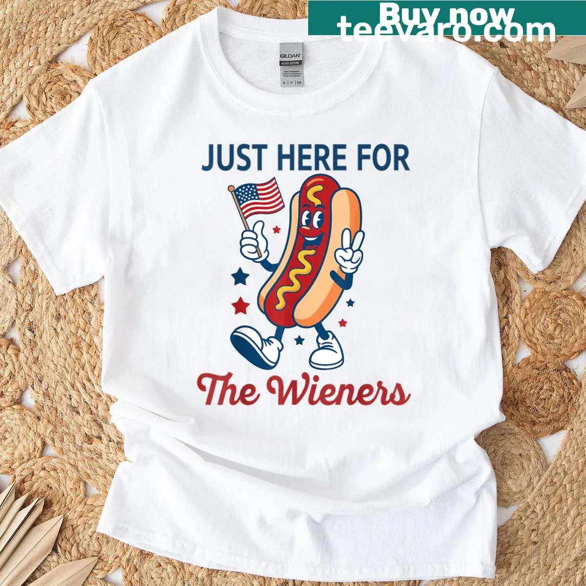 Funny hot dog t-shirt celebrating Fourth of July — on a men's t-shirt