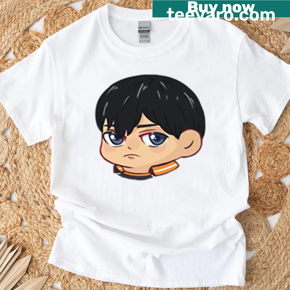 Cartoon Kageyama chibi head T-shirt from Haikyu anime — on a men's t-shirt