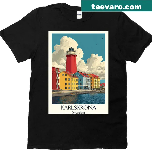 Vintage travel poster T-shirt of Karlskrona, Sweden featuring a lighthouse.