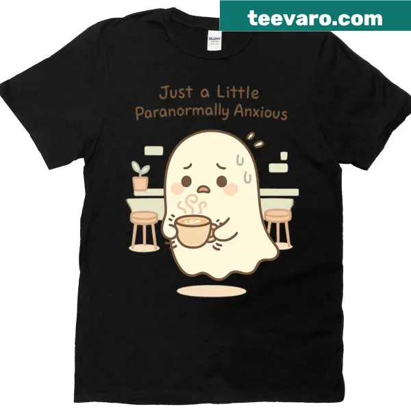 Kawaii anxious ghost in a cozy café setting illustration on t-shirt
