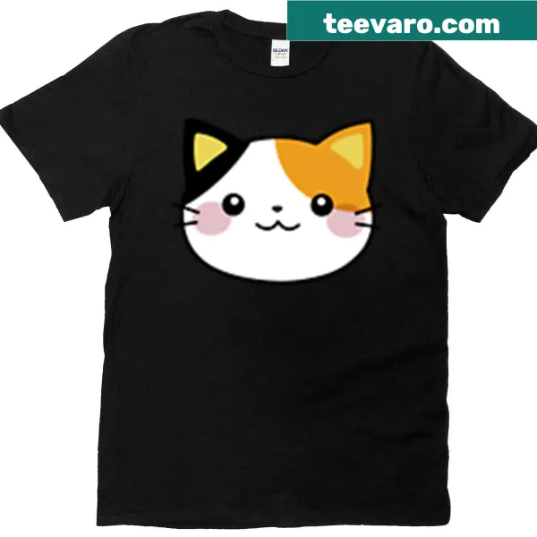 Adorable kawaii calico cat illustration on a t-shirt.