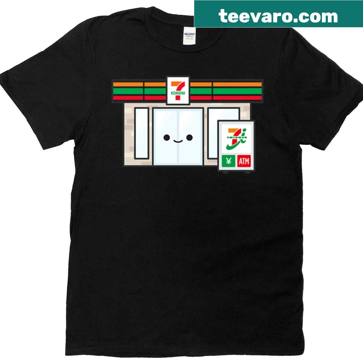 Kawaii illustration of a Japanese convenience store — on a men's t-shirt