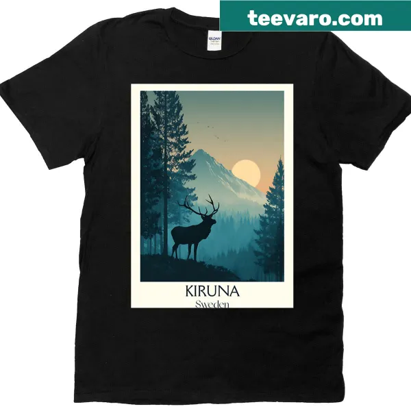 Vintage travel poster design featuring reindeer and mountains on t-shirt