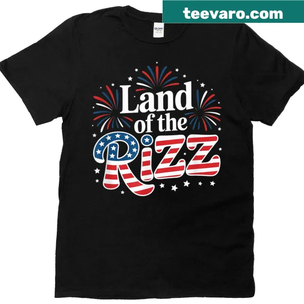 Funny patriotic t-shirt with the phrase 'Land Of The Rizz' and US flag.