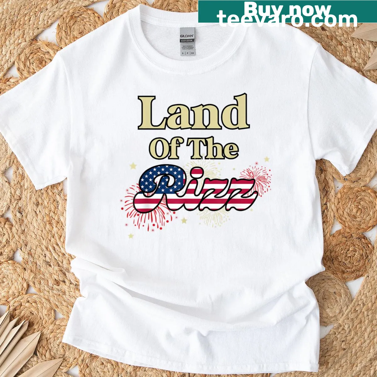 T-shirt with the phrase Land Of The Rizz printed boldly — on a men's t-shirt