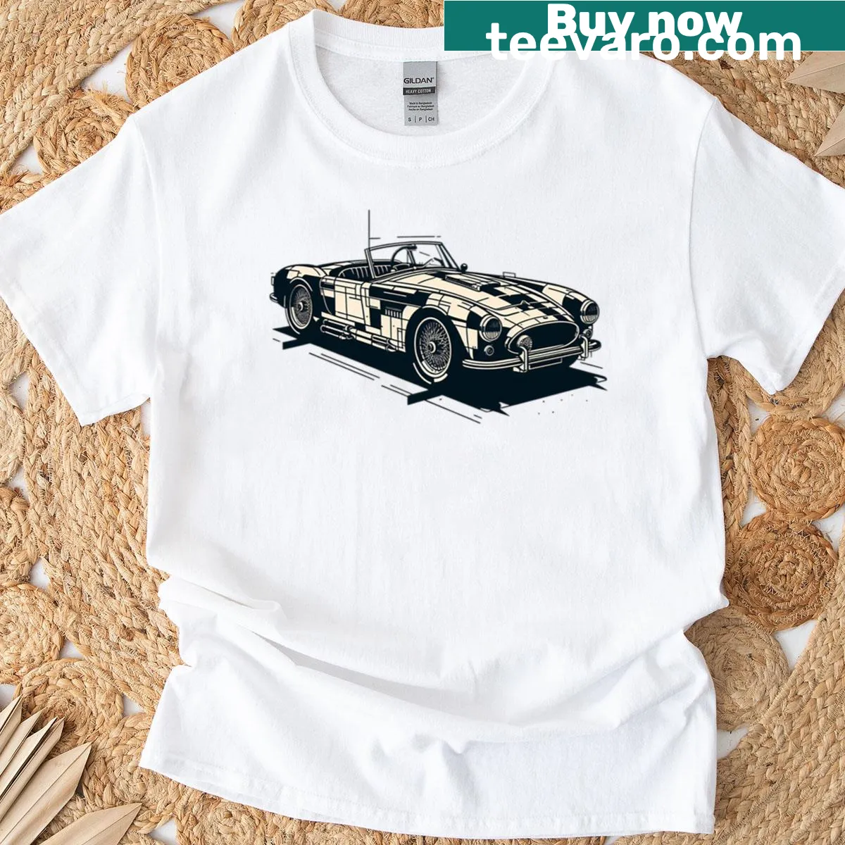 Minimalist illustration of a Shelby Cobra car on a t-shirt — on a men's t-shirt
