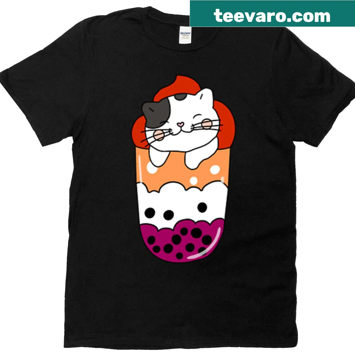 Cute T-shirt featuring a cat and boba drink illustration — on a men's t-shirt
