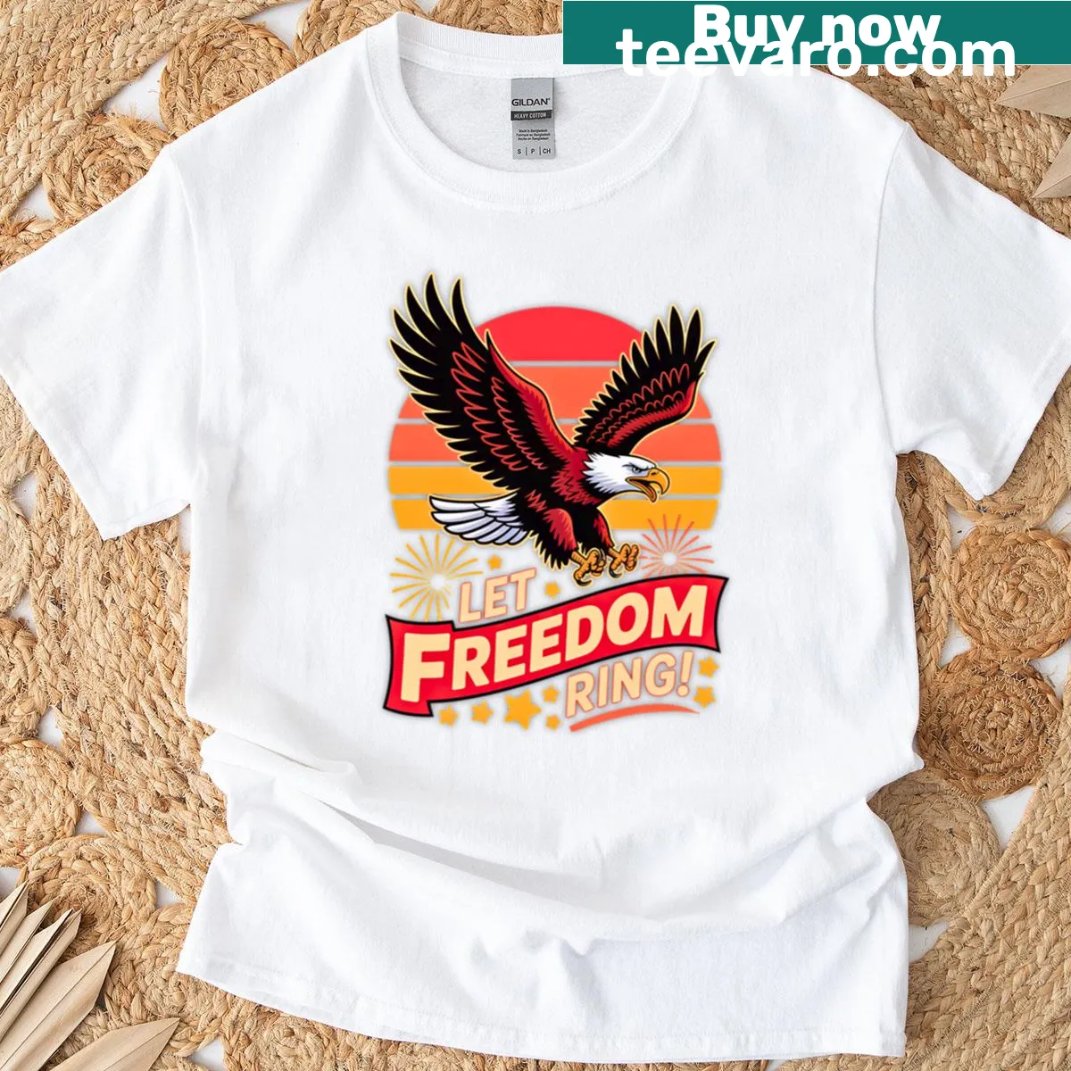 Bold 'Let Freedom Ring' text on a patriotic t-shirt — on a men's t-shirt