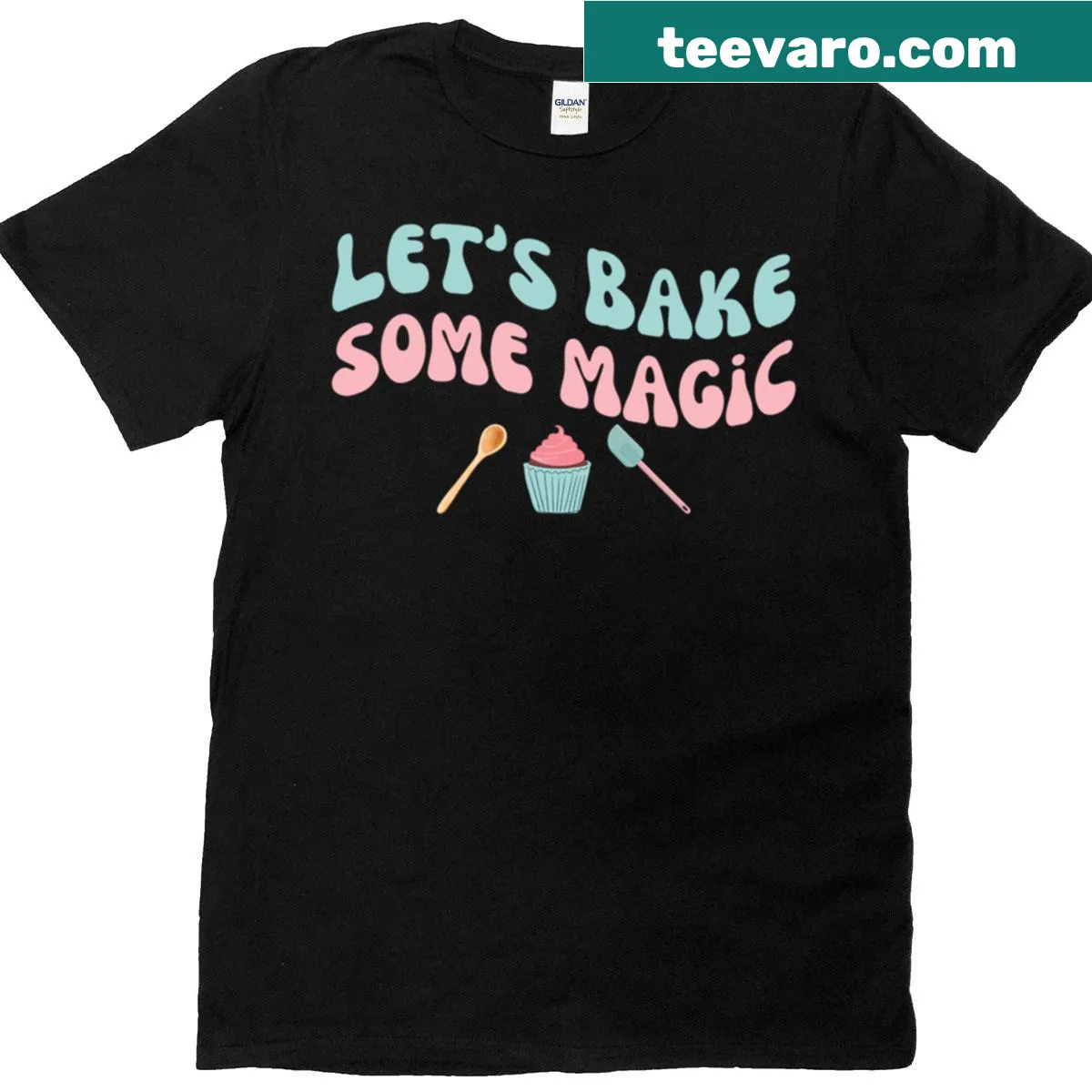 Cute T-shirt with retro baking design and the phrase 'Let's Bake Some Magic' — on a men's t-shirt