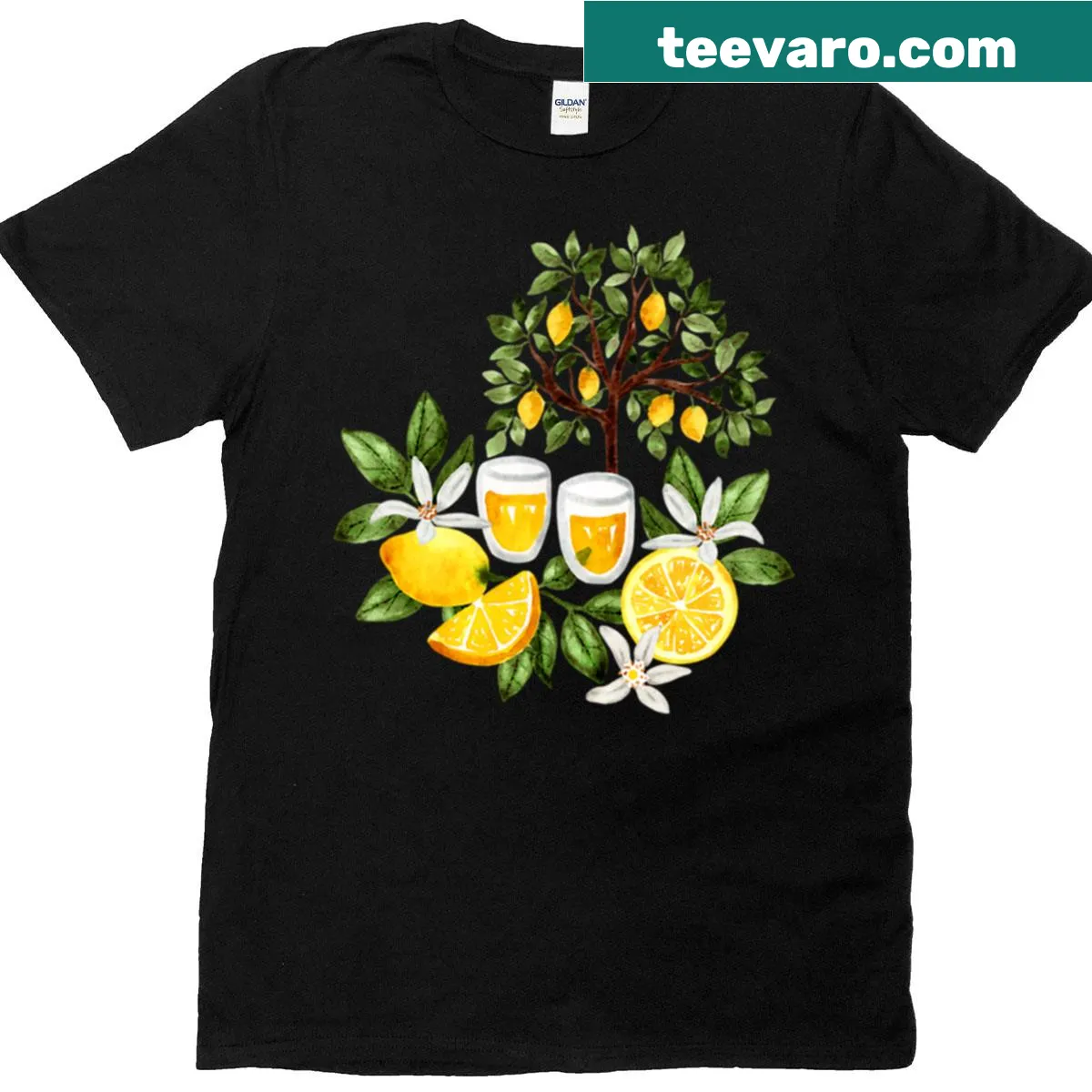 Watercolor illustration of a lemon tree and limoncello on a t-shirt. — on a men's t-shirt