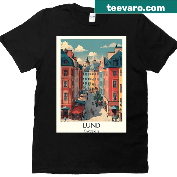 Vintage travel poster T-shirt featuring Lund, Sweden cobblestone street