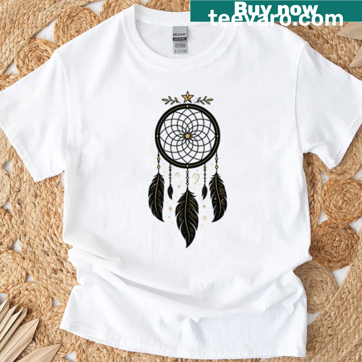 Elegant t-shirt featuring a black gold dreamcatcher design — on a men's t-shirt