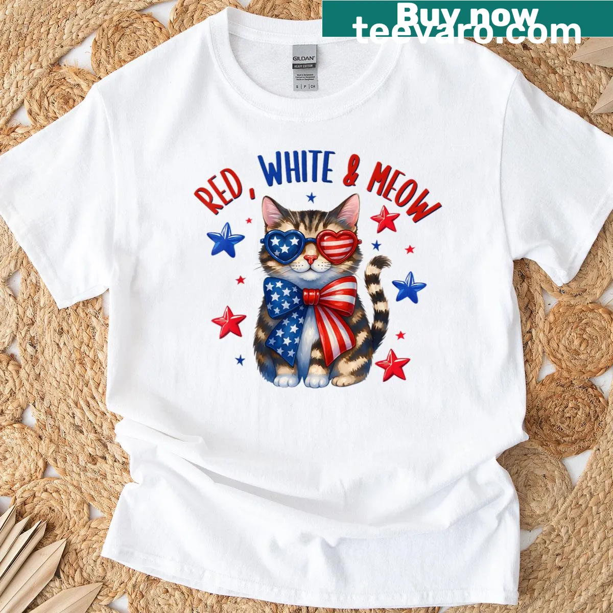 Cat on American flag graphic for Fourth of July celebration — on a men's t-shirt