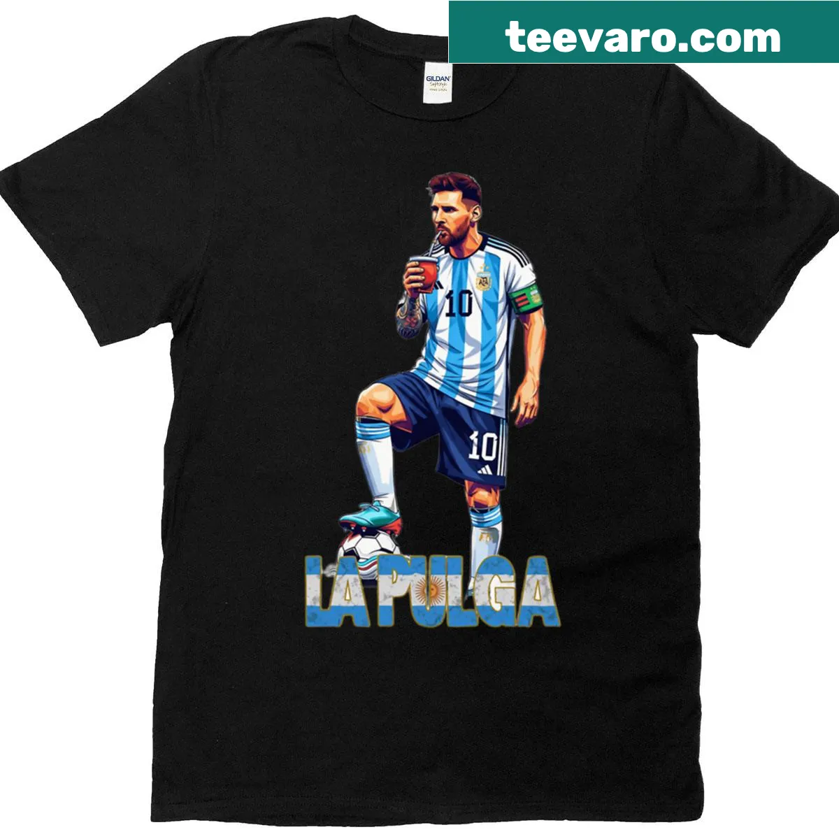 Unique Messi illustration T-shirt with 'The Goat' text — on a men's t-shirt