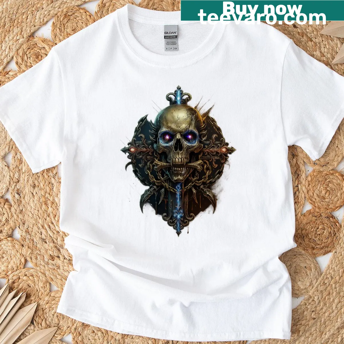 Bold graphic T-shirt inspired by heavy metal music themes. — on a men's t-shirt