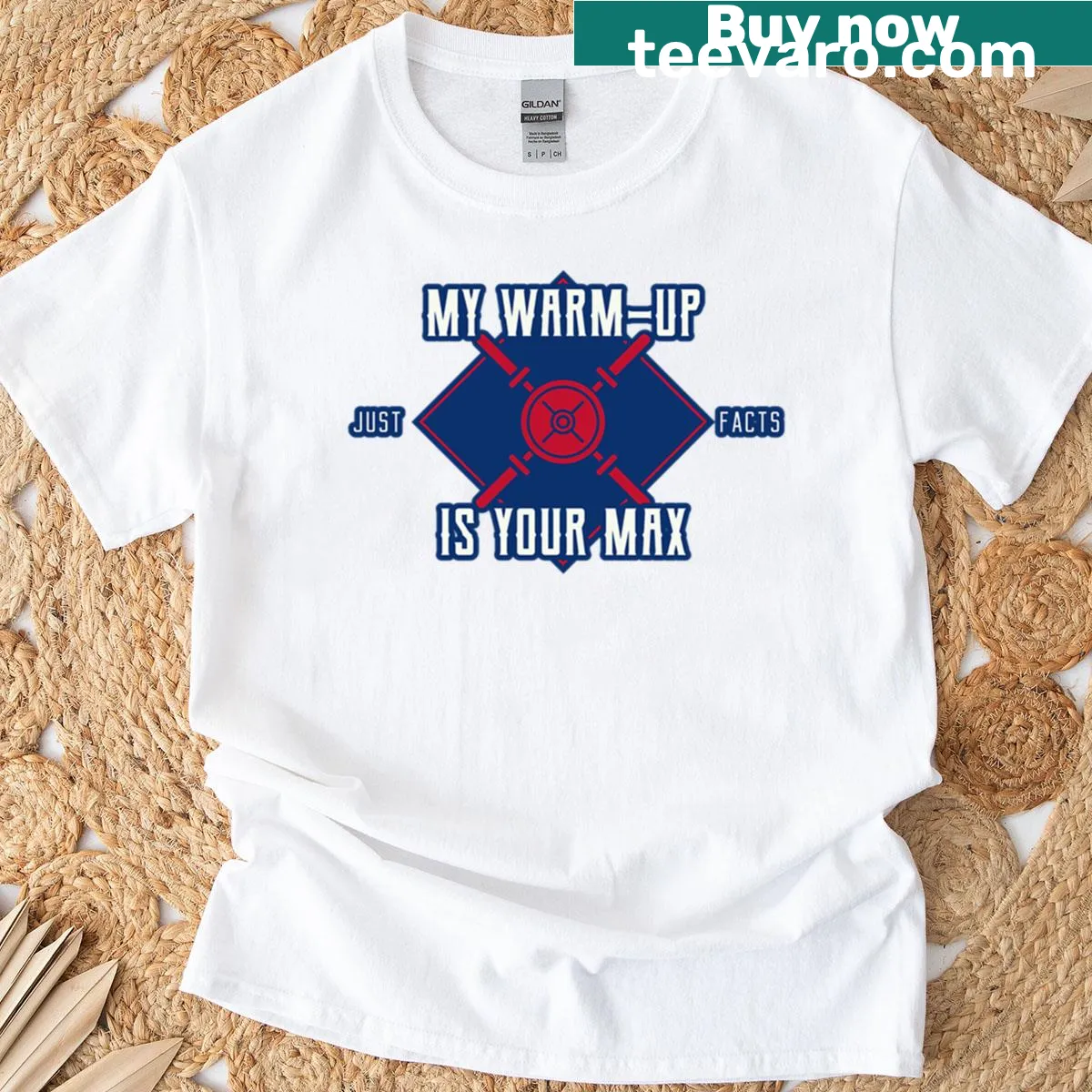 Inspirational T-shirt with the phrase 'My Warm-up Is Your Max Just Facts' for fitness enthusiasts — on a men's t-shirt