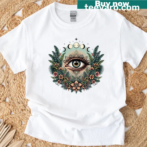 Tropical-themed graphic t-shirt featuring serene nature silhouette