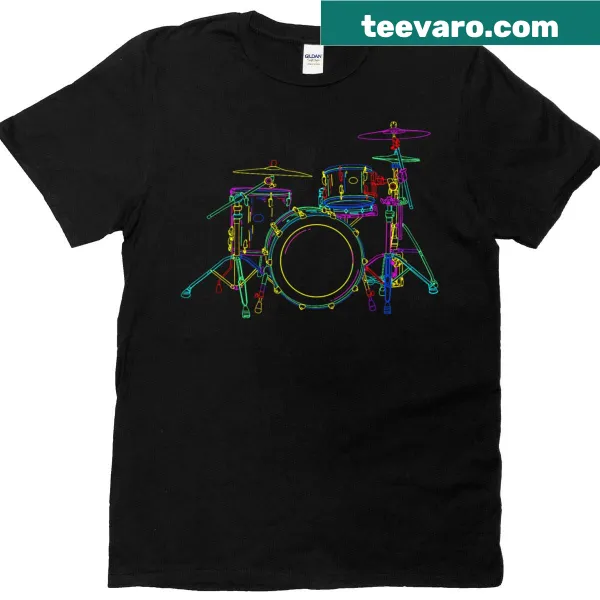 Neon graphic of a drumming set on t-shirt