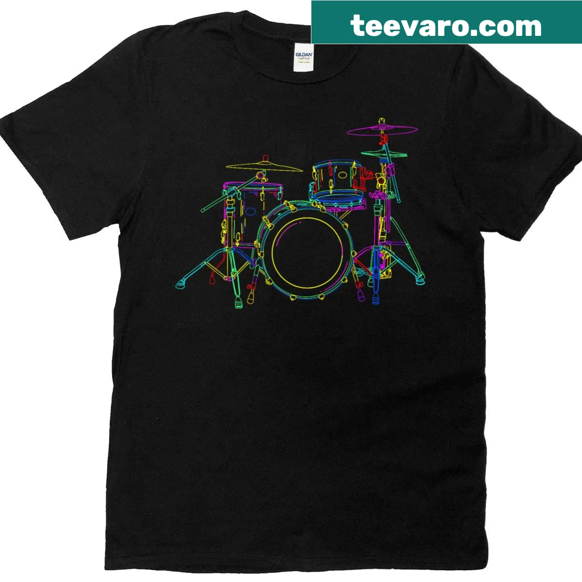 Neon graphic of a drumming set on t-shirt — on a men's t-shirt