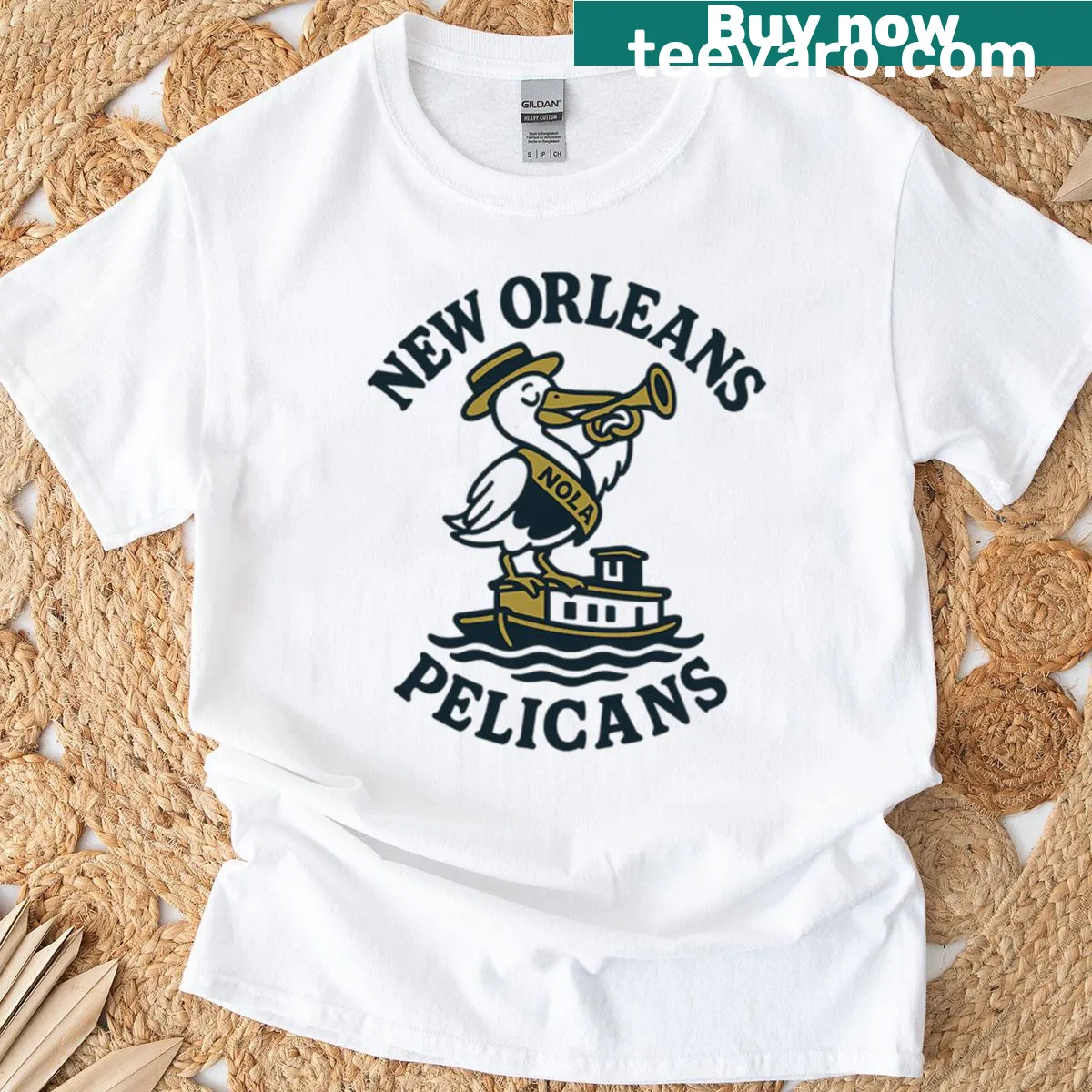 Vintage-style t-shirt with a retro New Orleans Pelicans mascot design — on a men's t-shirt