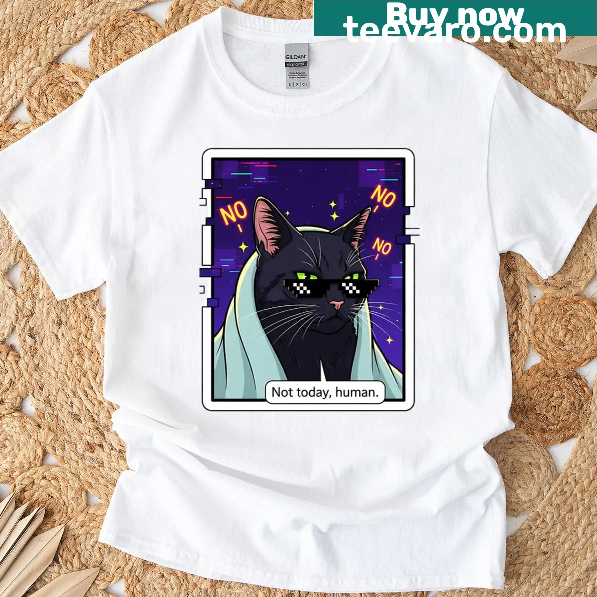 Sassy black cat illustration with 'Not Today' text on a t-shirt — on a men's t-shirt