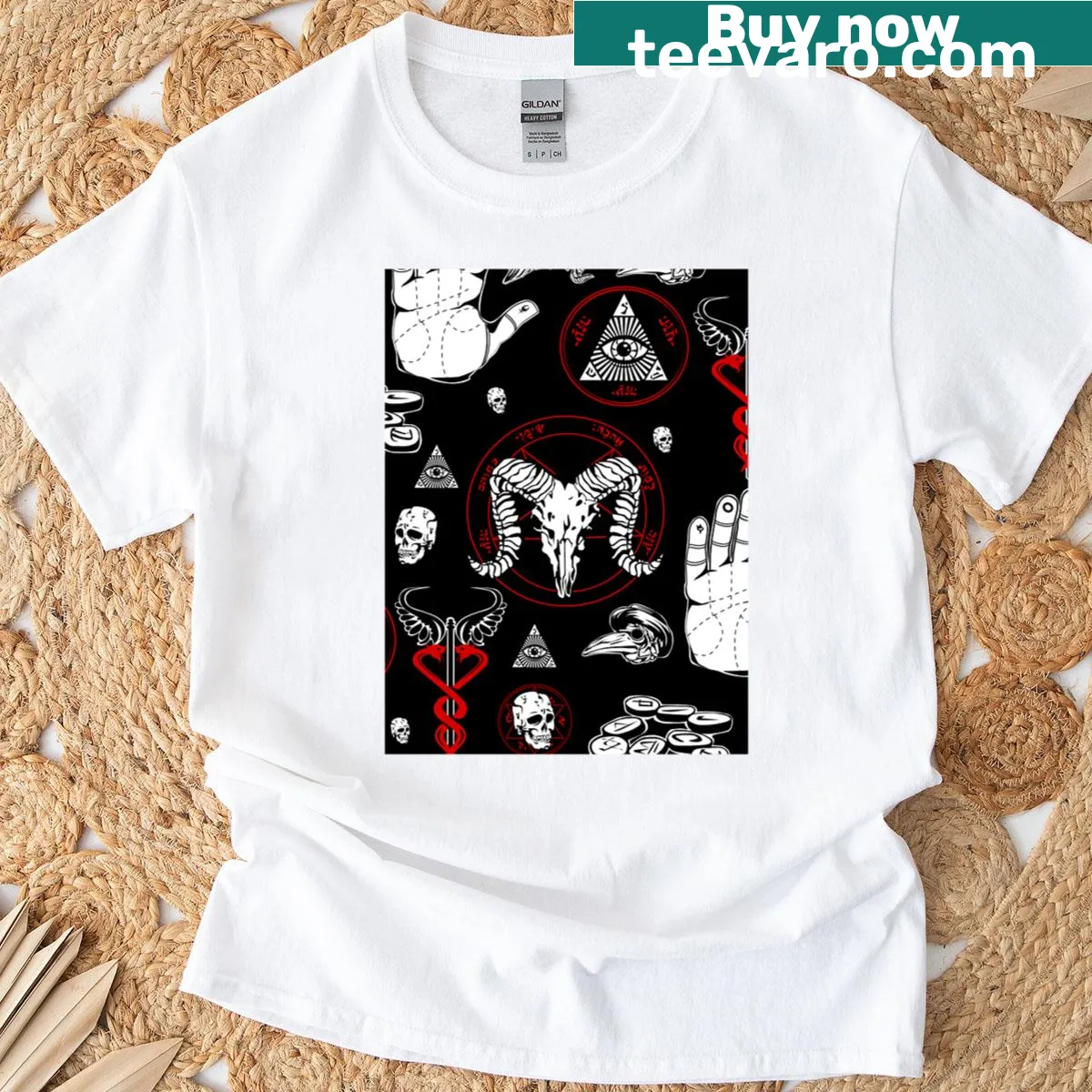 Occult-themed T-shirt with all-seeing eye and esoteric runes — on a men's t-shirt