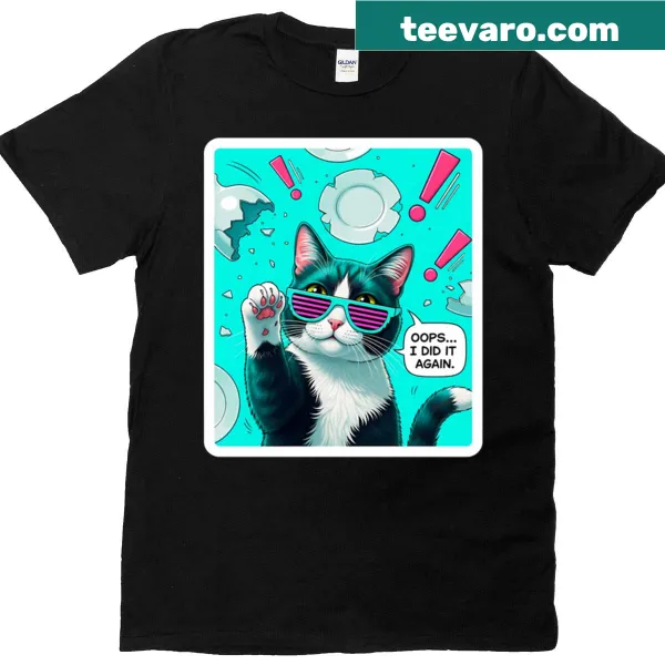 Playful T-shirt featuring a tuxedo cat in humorous situations