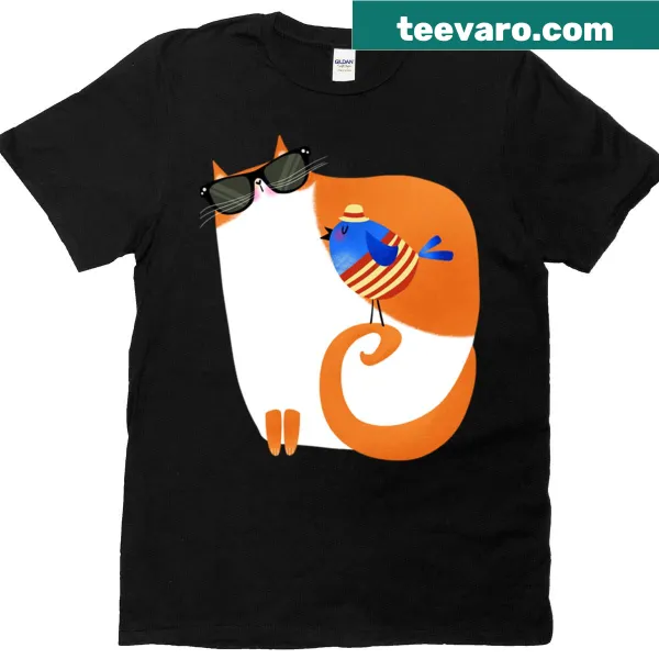 Charming T-shirt featuring an orange cat and blue bird illustration