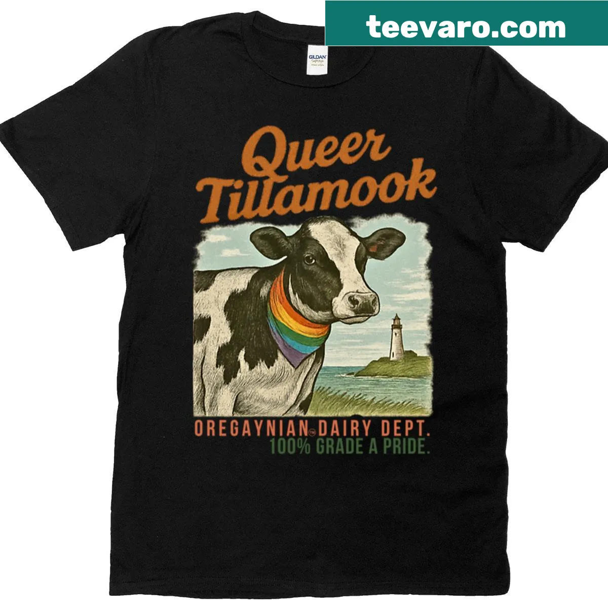 Graphic T-shirt displaying the Oregaynian Dairy Department theme. — on a men's t-shirt