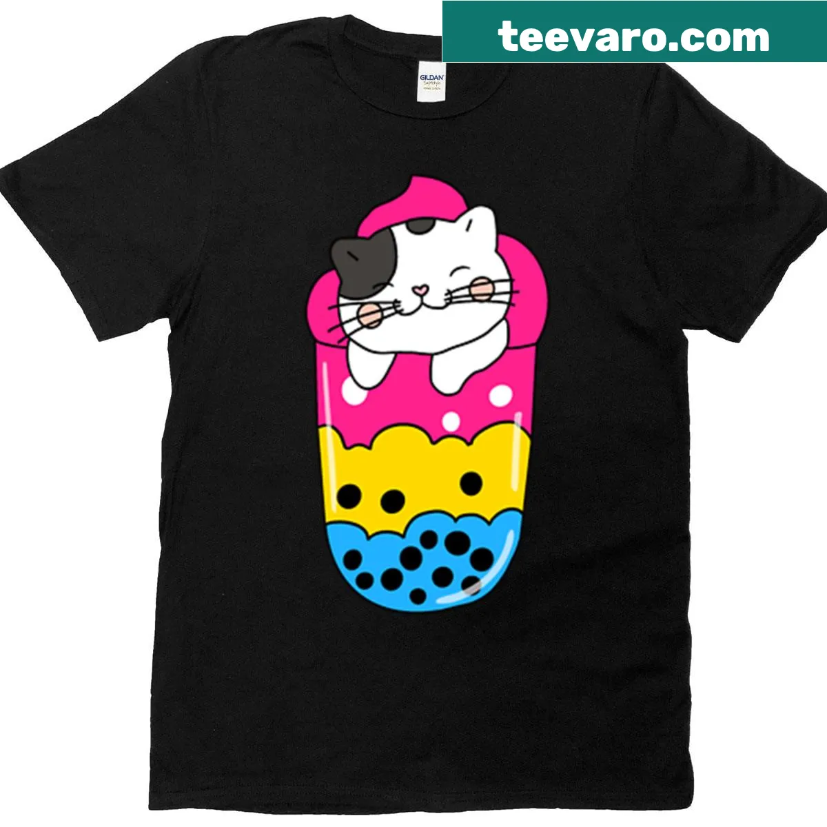 Cute T-shirt featuring a cat enjoying boba tea — on a men's t-shirt