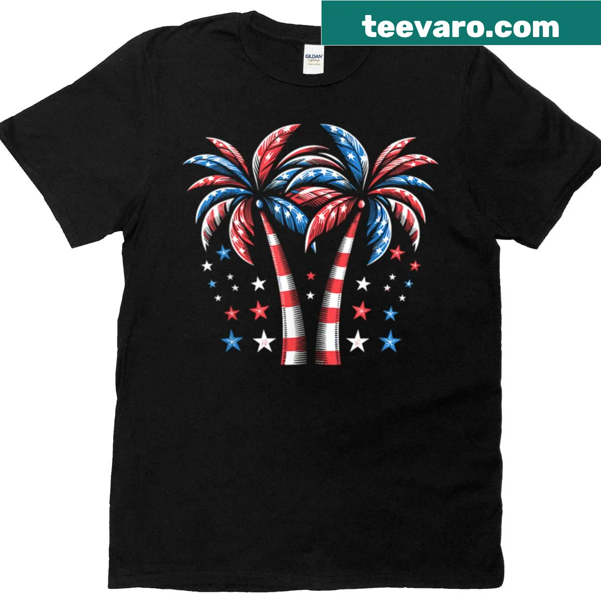 Illustration of palm trees and USA flag for Independence Day — on a men's t-shirt