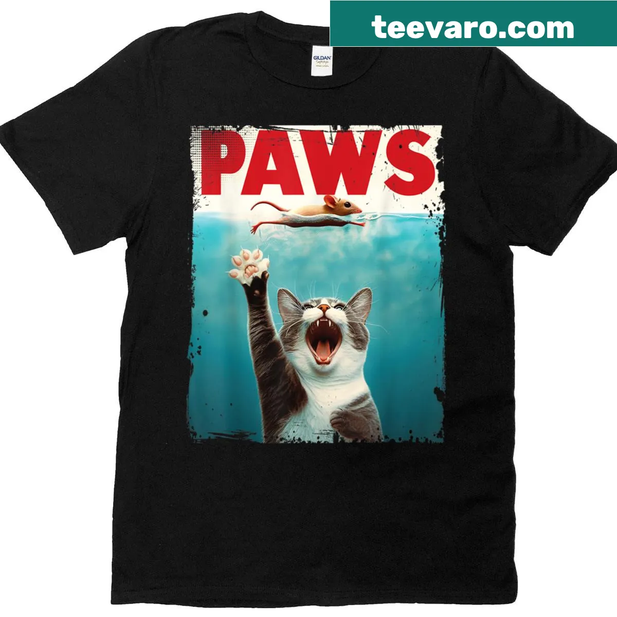Cartoon cat humorously chasing a mouse on a T-shirt — on a men's t-shirt