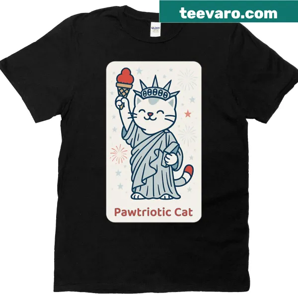 Patriotic T-shirt with 'Pawtriotic' text and cat theme