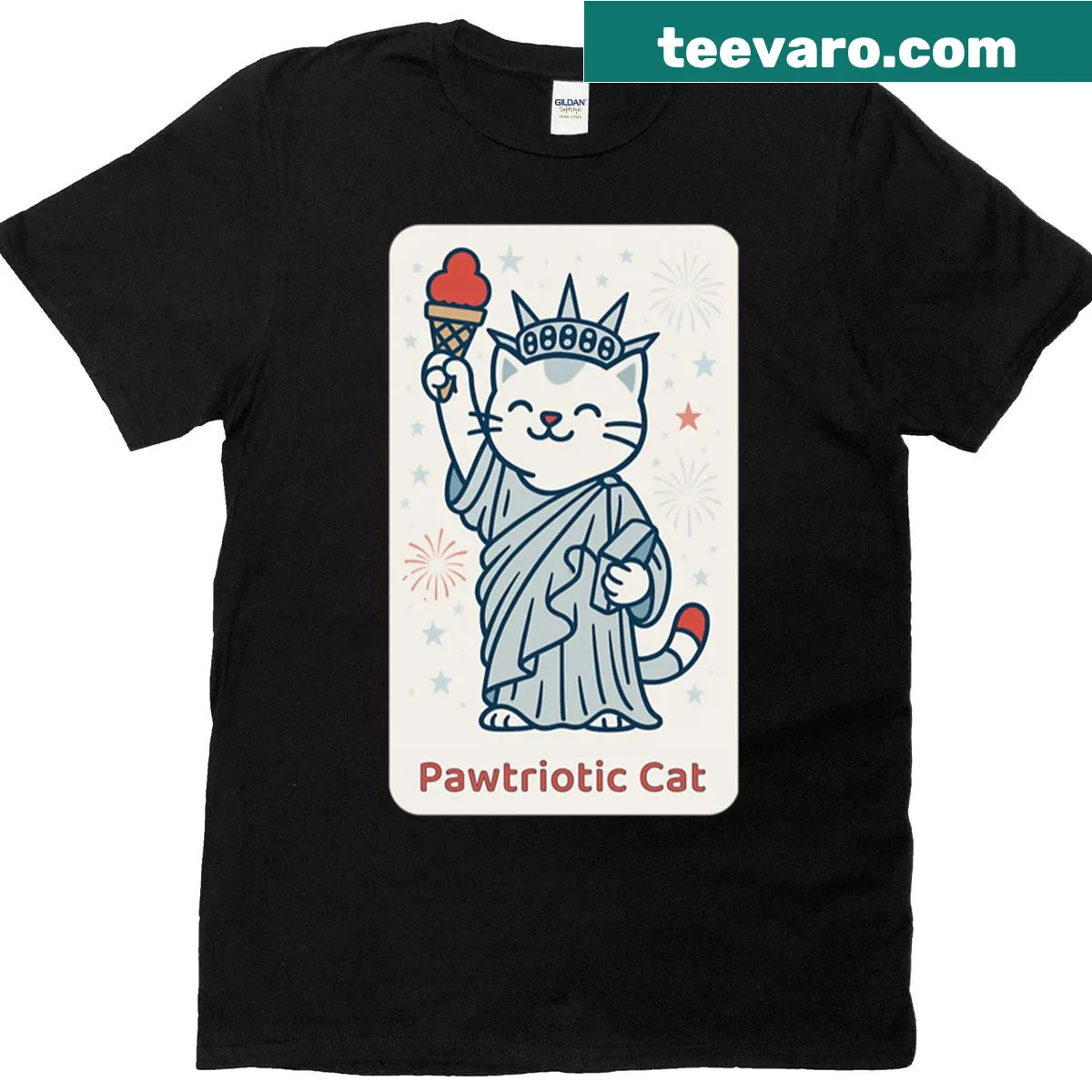Patriotic T-shirt with 'Pawtriotic' text and cat theme — on a men's t-shirt